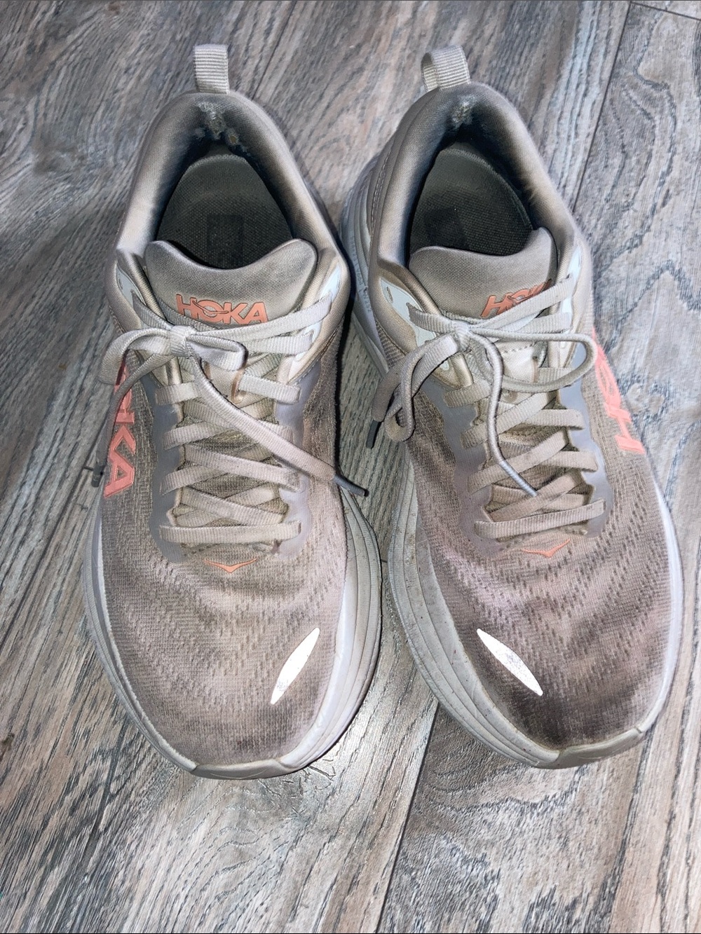 Hoka Women's Running Shoes in Taupe with Coral Logo
